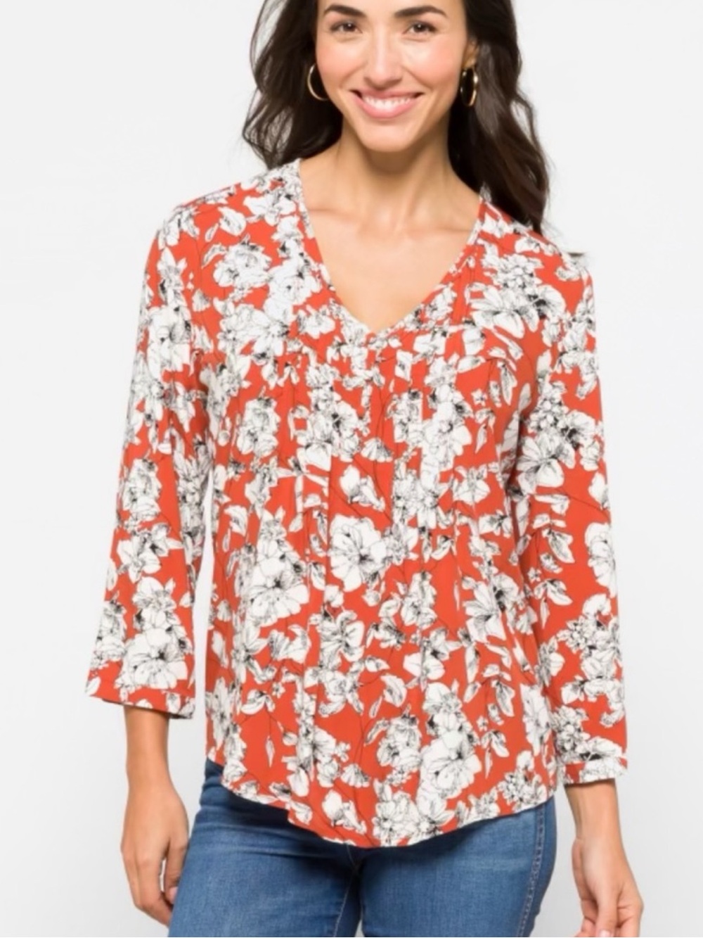 Fun 2 Fun Red with Cream and Black Florals 3/4 Sleeve Rayon Blouse, size L